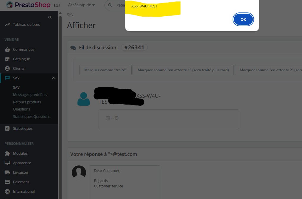 Capture d'écran : alerte JavaScript XSS-W4U-TEST s'exécute dans le back-office PrestaShop lors de l'ouverture d'un fil SAV